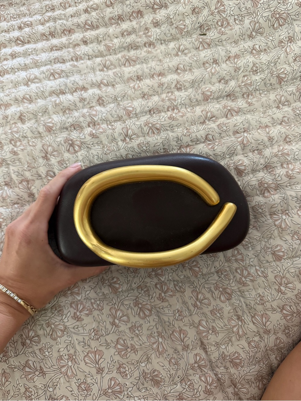 Zara Dark Brown Clutch with Gold Horseshoe Accent